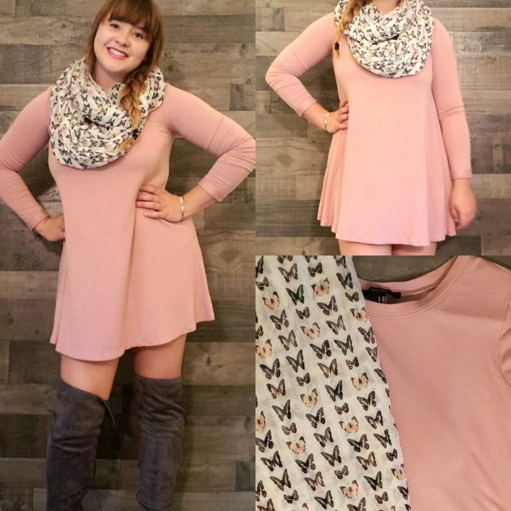 Blush pink dress and butterfly infinity scarf